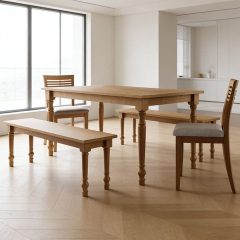 Mesa de Jantar 6 Lugares 160cm com 02 Bancos de Madeira e 02 Cadeiras Lazuli F06 Freijó - Lyam Decor