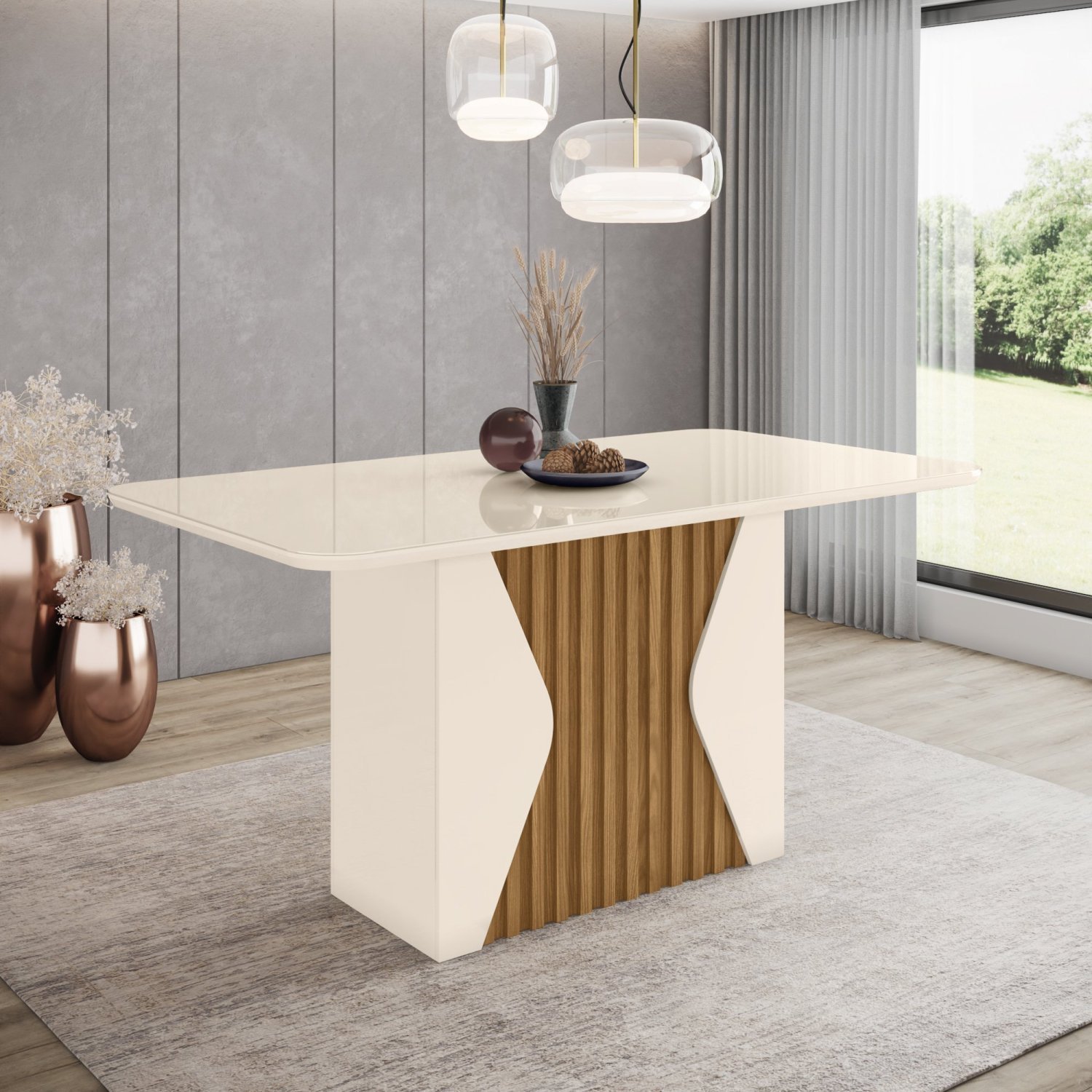 Mesa de Jantar 6 Lugares 160cm MDF com Vidro Canto Arredondado Maya - 1