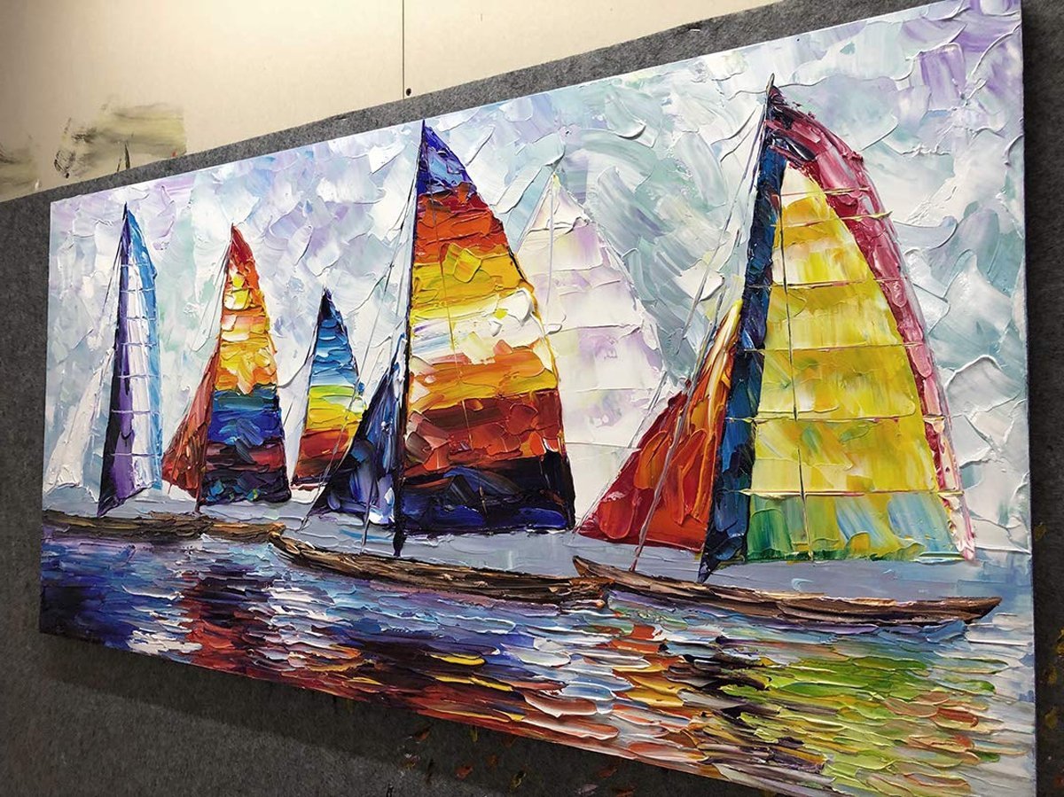 Quadro Pintura Tela artista barco vela óleo colorido 5230: 70cm (A) x 140cm (L) - 5