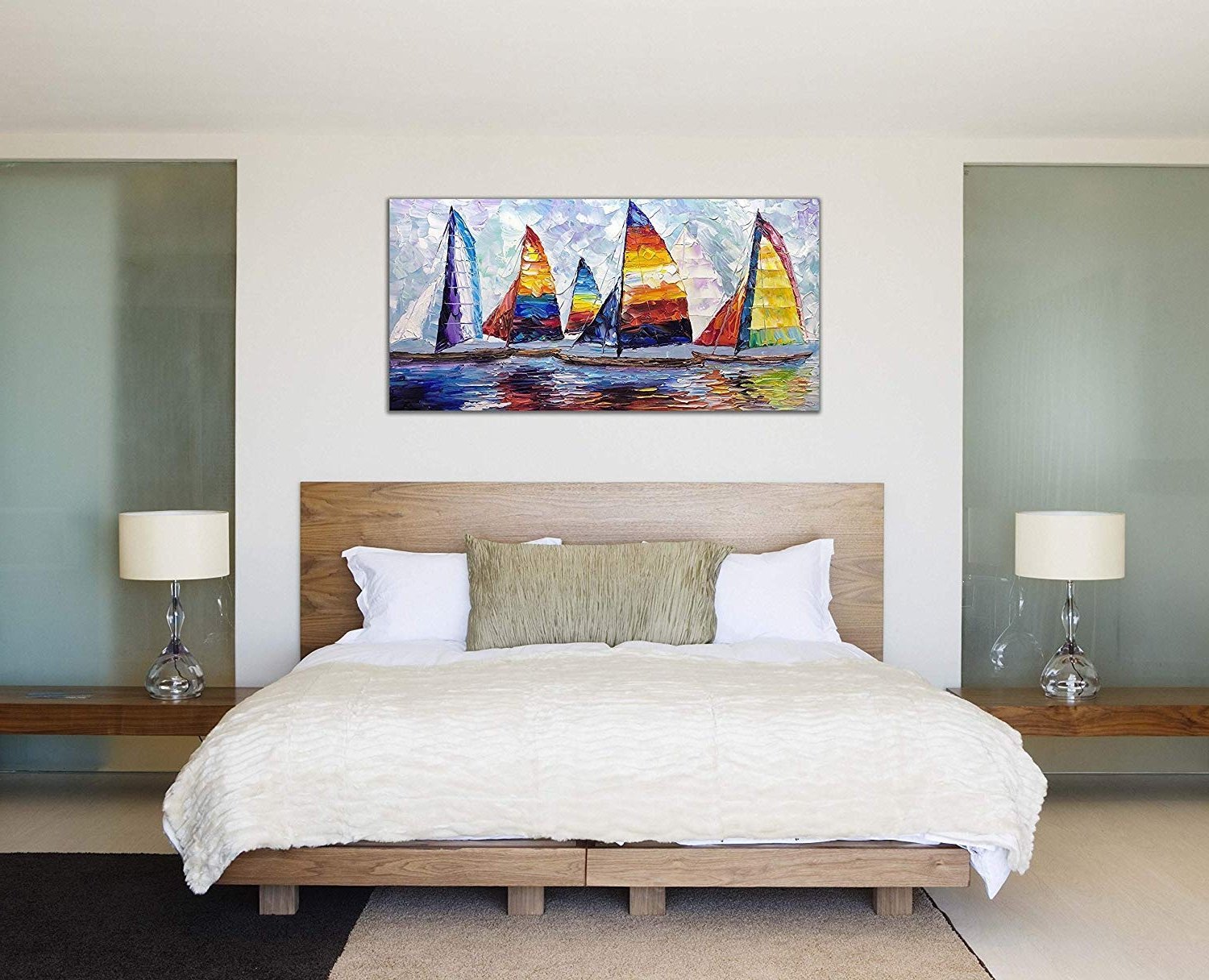 Quadro Pintura Tela artista barco vela óleo colorido 5230: 70cm (A) x 140cm (L) - 1