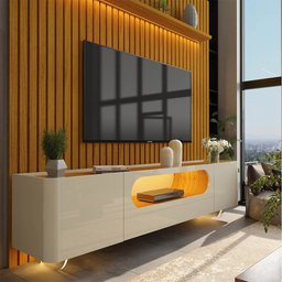 Painel e Rack Nobre Ripado com LED Pés de Vidro 230 Naturale Off White - Gelius - 11