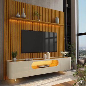 Painel e Rack Nobre Ripado com LED Pés de Vidro 230 Naturale Off White - Gelius