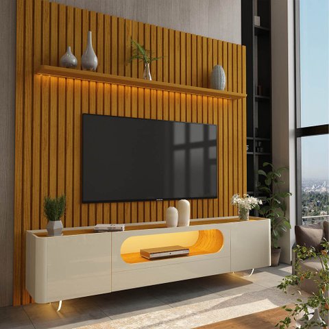 Painel e Rack Nobre Ripado com LED Pés de Vidro 230 Naturale Off White - Gelius