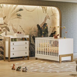 Quarto de Bebê Fantasia com Cômoda 4410 e Berço 4300 Qmovi Branco Acetinado + Colchão Ortobom