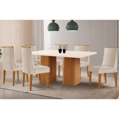 Conjunto: Mesa Sala Jantar Maldivas Tampo c/ Vidro Curvo 180cm+6 Cadeiras Dakota Madeira Naturale/