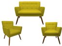 Ver imagem 1 de Kit Namoradeira + 2 Poltronas Decorativa Onix Couro Amarelo Pés Madeira Ms Decor