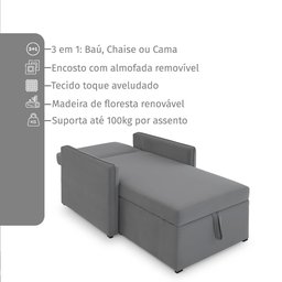 Sofá 3 em 1 Chaise, Cama e Baú Neve Cinza Estofama - 5