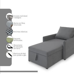Sofá 3 em 1 Chaise, Cama e Baú Neve Cinza Estofama - 4