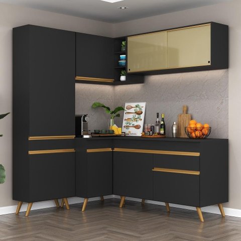 Armário de Cozinha Completa de Canto Veneza Multimóveis V2054 Preto/dourado