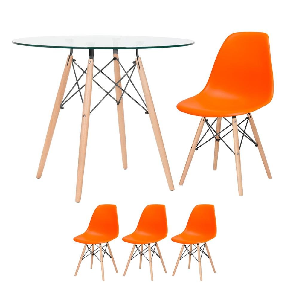 KIT - Mesa Eames com tampo de vidro 90 cm + 3 cadeiras Eiffel DSW Laranja - 1