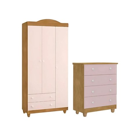 Kit Lara Cômoda e Guarda Roupas Clean Moderno Mdf Resistente:nature Rosa