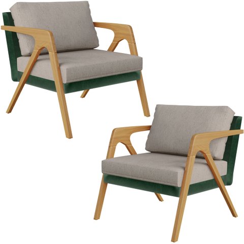 Kit 02 Poltronas Decorativas Sala Estar Pietra L02 Facto Verde Musgo Linho Bege - Lyam Decor
