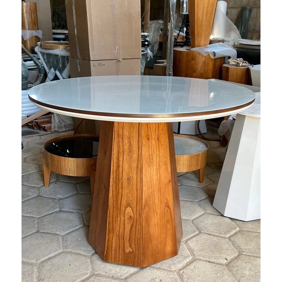 Mesa de Jantar Cone Base Oitavada Mel com Tampo Duplo 90cm Mel/off/mel Redondo ****somente a Mesa***