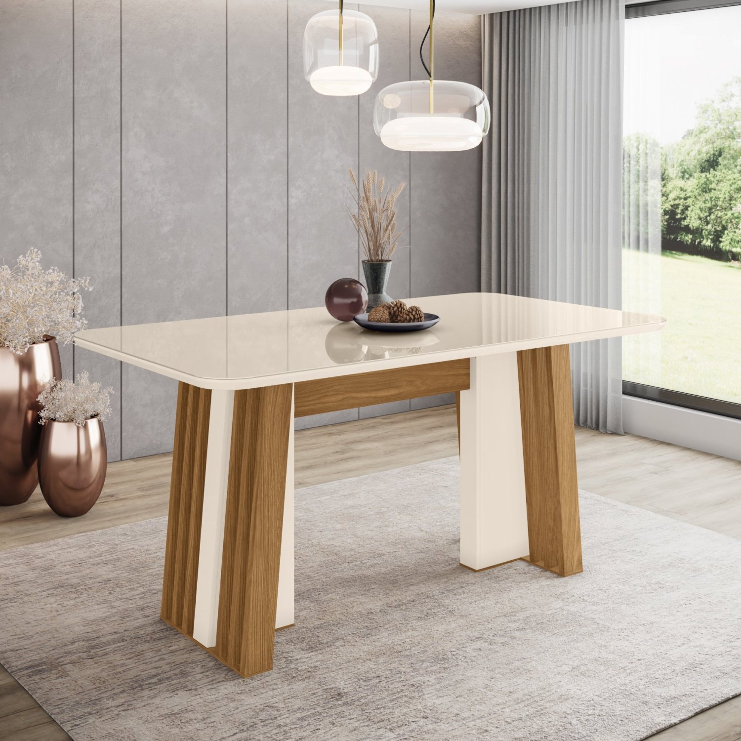 Mesa de Jantar 6 Lugares 160cm Tampo com Canto Arredondado MDF e Vidro Stela - 1