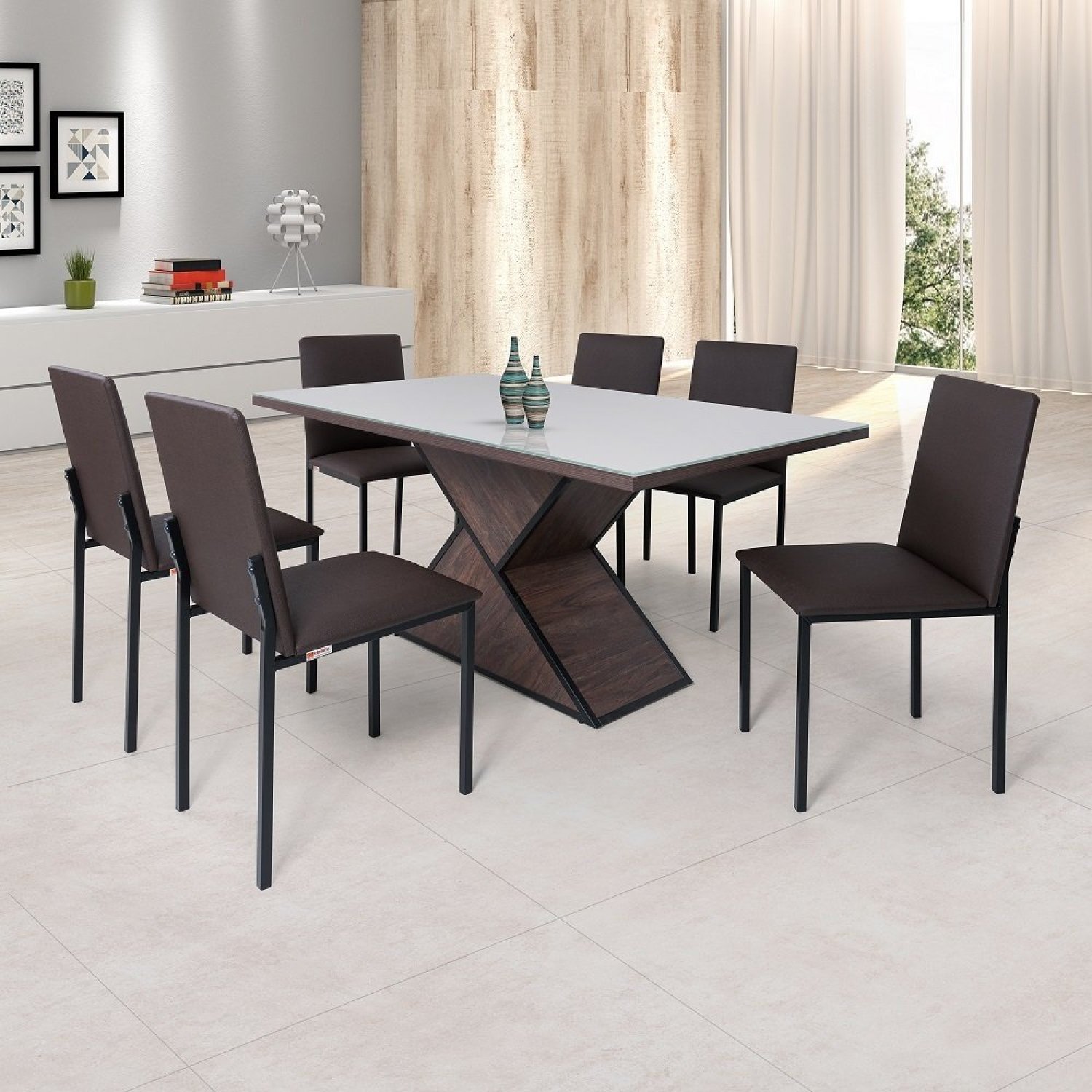 Conjunto Sala de Jantar Mesa Dubai 160x90cm Tampo Vidro com 6 Cadeiras Egito Ciplafe