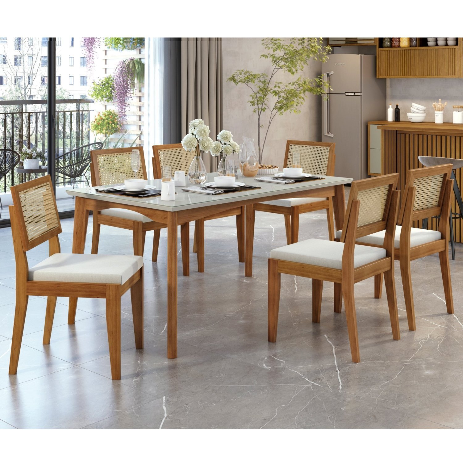 Conjunto Sala de Jantar Mesa Monalisa com 6 Cadeiras Rainha Nesher Móveis - 1