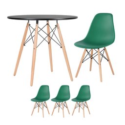 KIT - Mesa redonda Eames 80 cm preto + 3 cadeiras Eiffel DSW Verde escuro - 1