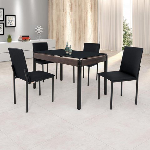 Conjunto Sala de Jantar Mesa Dubai 120x75cm Tampo Vidro com 4 Cadeiras Preto/Linho