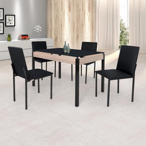 Conjunto Sala de Jantar Mesa Dubai 120x75cm Tampo Vidro com 4 Cadeiras Preto/Carvalho/Linho