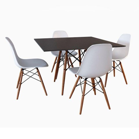 Mesa De Jantar Wood Quadrada Preta 90Cm Base Madeira Maciça Com 4 Cadeiras Brancas Cor: Preto