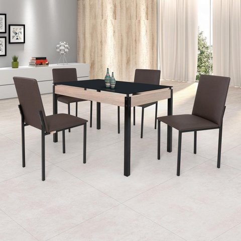 Conjunto Sala de Jantar Mesa Dubai 120x75cm Tampo Vidro com 4 Cadeiras Marrom/Carvalho/Preto/Linho