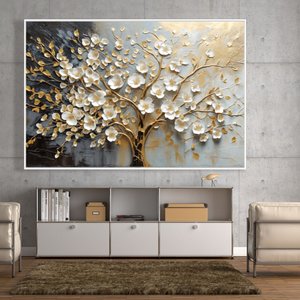 Quadro Decorativo Árvore da Vida Flores Brancas Dourado Sala Quarto Casa Escritório