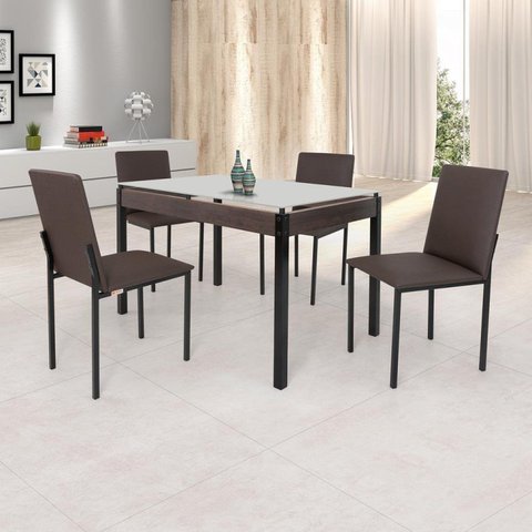 Conjunto Sala de Jantar Mesa Dubai 120x75cm Tampo Vidro com 4 Cadeiras Marrom/Preto/Linho