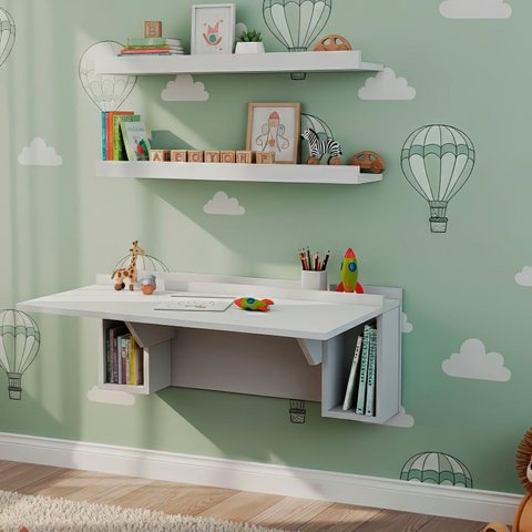 Conjunto Mesa Dobrável com Nichos e Aba 2 Prateleiras 78,5cm Branco