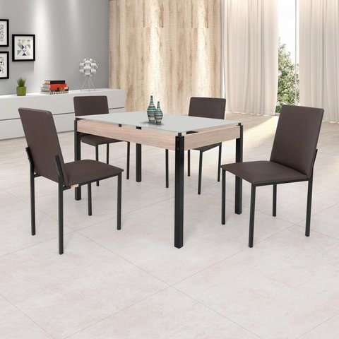 Conjunto Sala de Jantar Mesa Dubai 120x75cm Tampo Vidro com 4 Cadeiras Bege/Carvalho/Preto/Linho Marrom