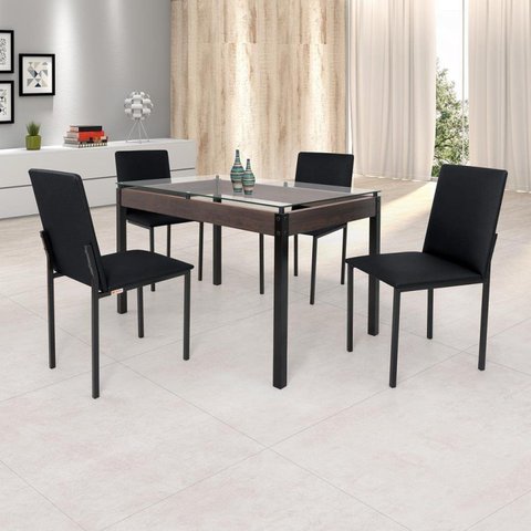 Conjunto Sala de Jantar Mesa Dubai 120x75cm Tampo Vidro com 4 Cadeiras Preto/Linho