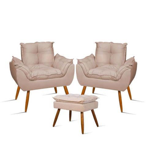 Kit Luxo 02 Poltronas Amamentação Suede + 1 Puff Pés Palito Cor:bege