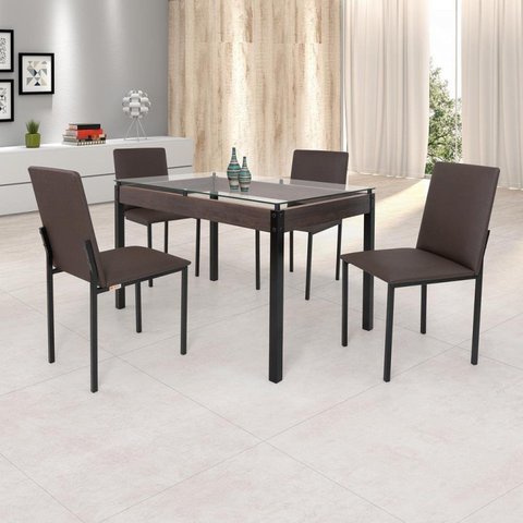 Conjunto Sala de Jantar Mesa Dubai 120x75cm Tampo Vidro com 4 Cadeiras Marrom/Preto/Linho