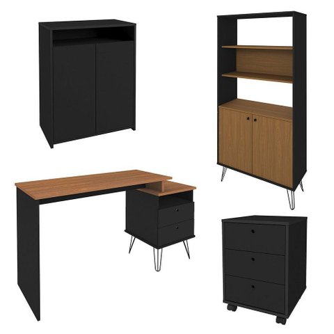 Conjunto Escritório Home Office 4 Peças Lux Industrial A06 Freijó-preto - Mpozenato