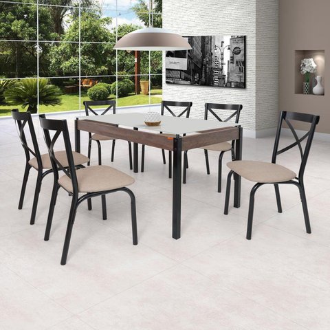 Conjunto Sala de Jantar Mesa 140x80cm Tampo Vidro com 6 Cadeiras Karina Bege/Preto