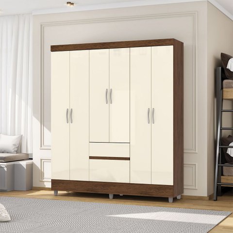 Guarda Roupa Casal Abruzzo 6 Portas de Bater 2 Gavetas com Cabideiro Nogueira/offwhite G98 - Gran Be