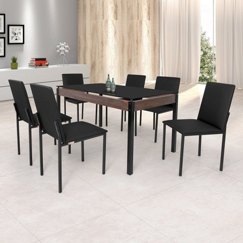 Conjunto Sala de Jantar Mesa Dubai 140x80cm Tampo Vidro com 6 Cadeiras Preto