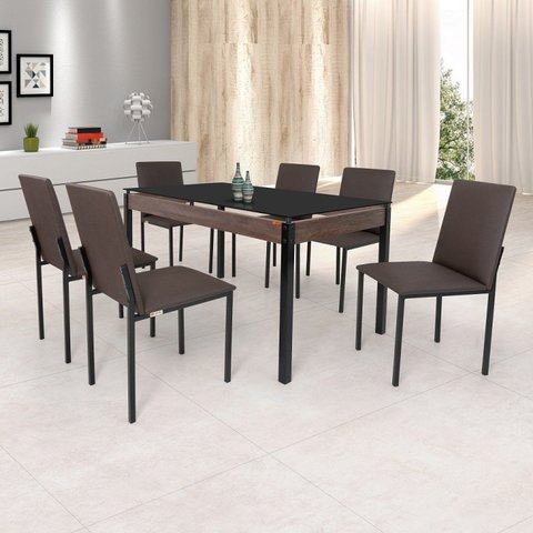 Conjunto Sala de Jantar Mesa Dubai 140x80cm Tampo Vidro com 6 Cadeiras Preto/Linho Marrom
