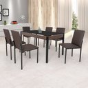 Ver imagem 1 de Conjunto Sala de Jantar Mesa Dubai 140x80cm Tampo Vidro com 6 Cadeiras Preto/Linho Marrom