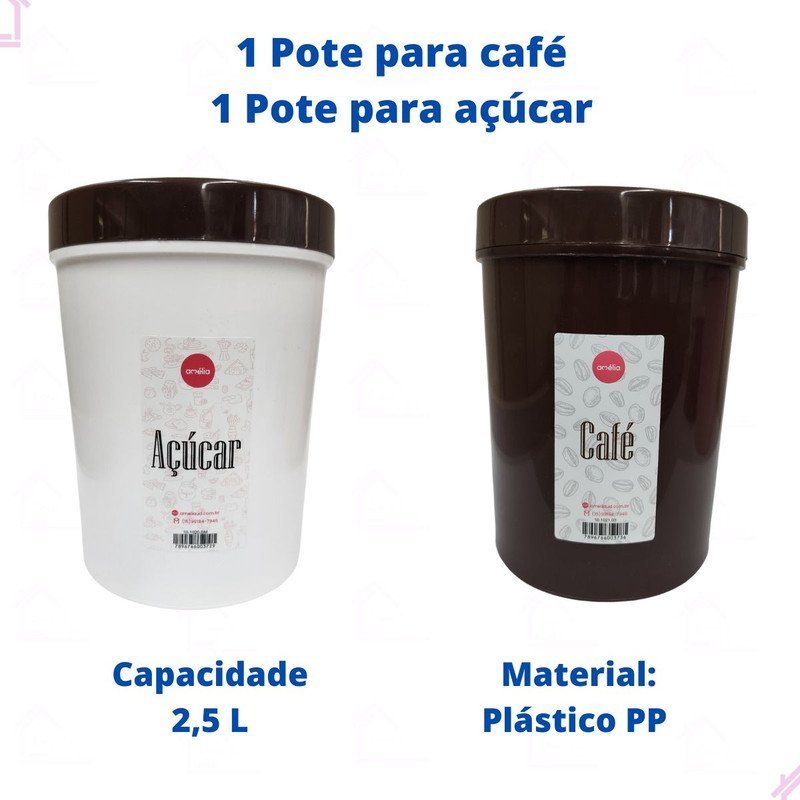 Kit 2 Potes Café Açúcar Porta Mantimentos com Tampa Cozinha - 3