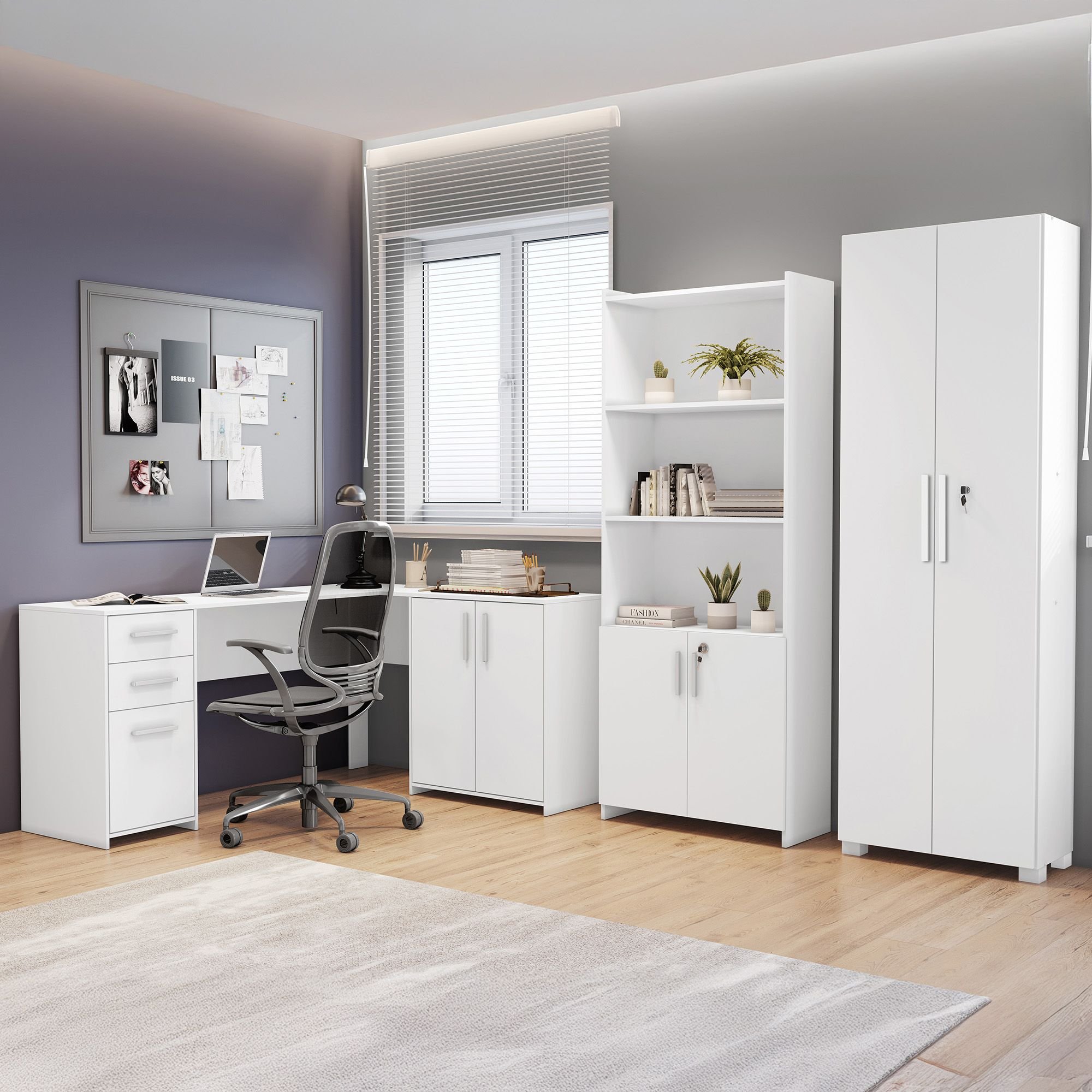 Kit 3 Peças com Mesa para Escritório em L, Armário Multiuso Alto Aberto e Armário Fechado