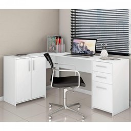 Kit 3 Peças com Mesa para Escritório em L, Armário Multiuso Alto Aberto e Armário Fechado - 11