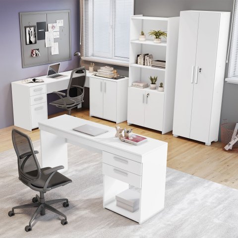 Conjunto 4 Peças com Mesa para Escritório em L 1, Escrivaninha, Armário Multiuso Aberto e Fechado Branco