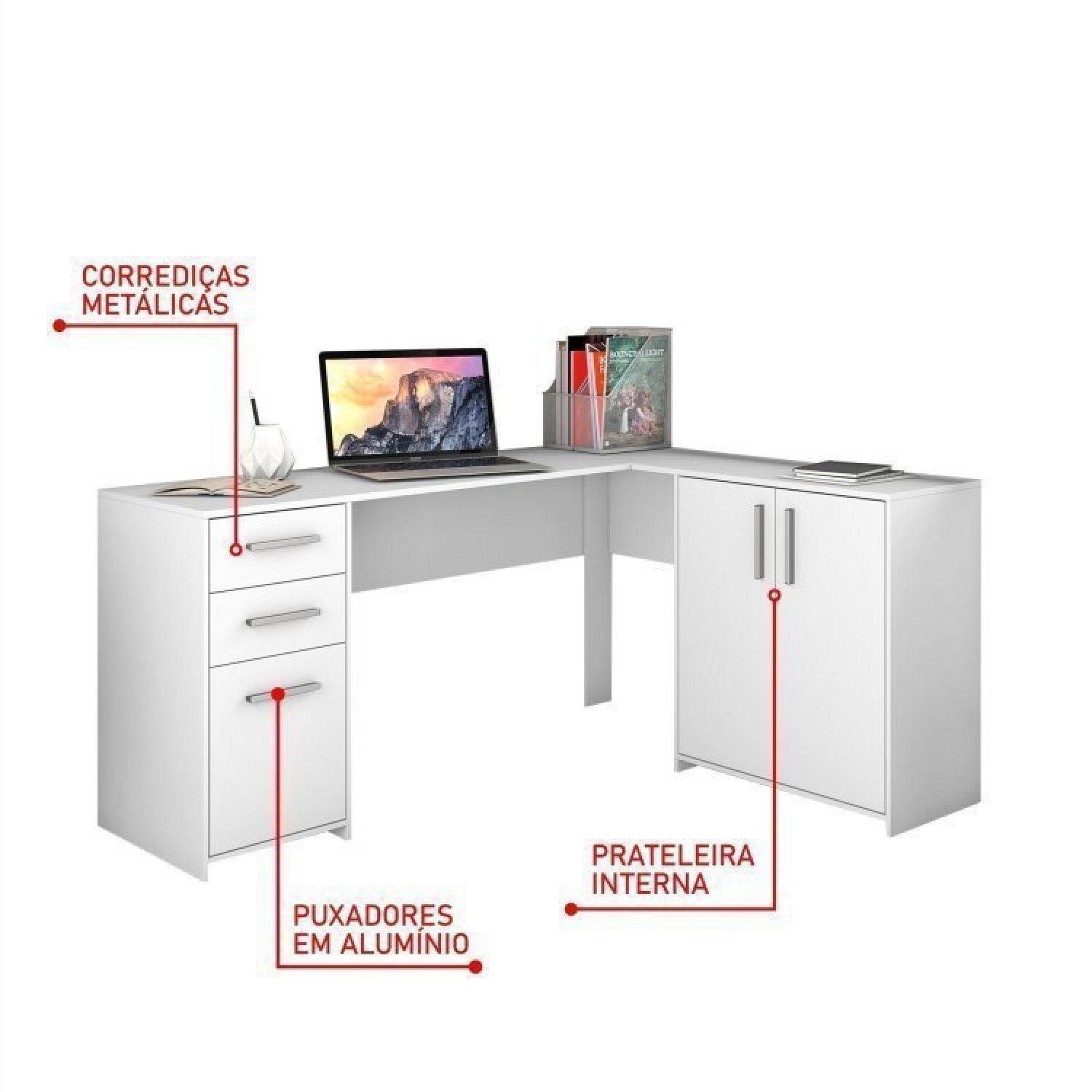 Conjunto Home Office 4 Peças 1 Mesa em L 1 Escrivaninha 2 Armários Espresso Móveis - 15