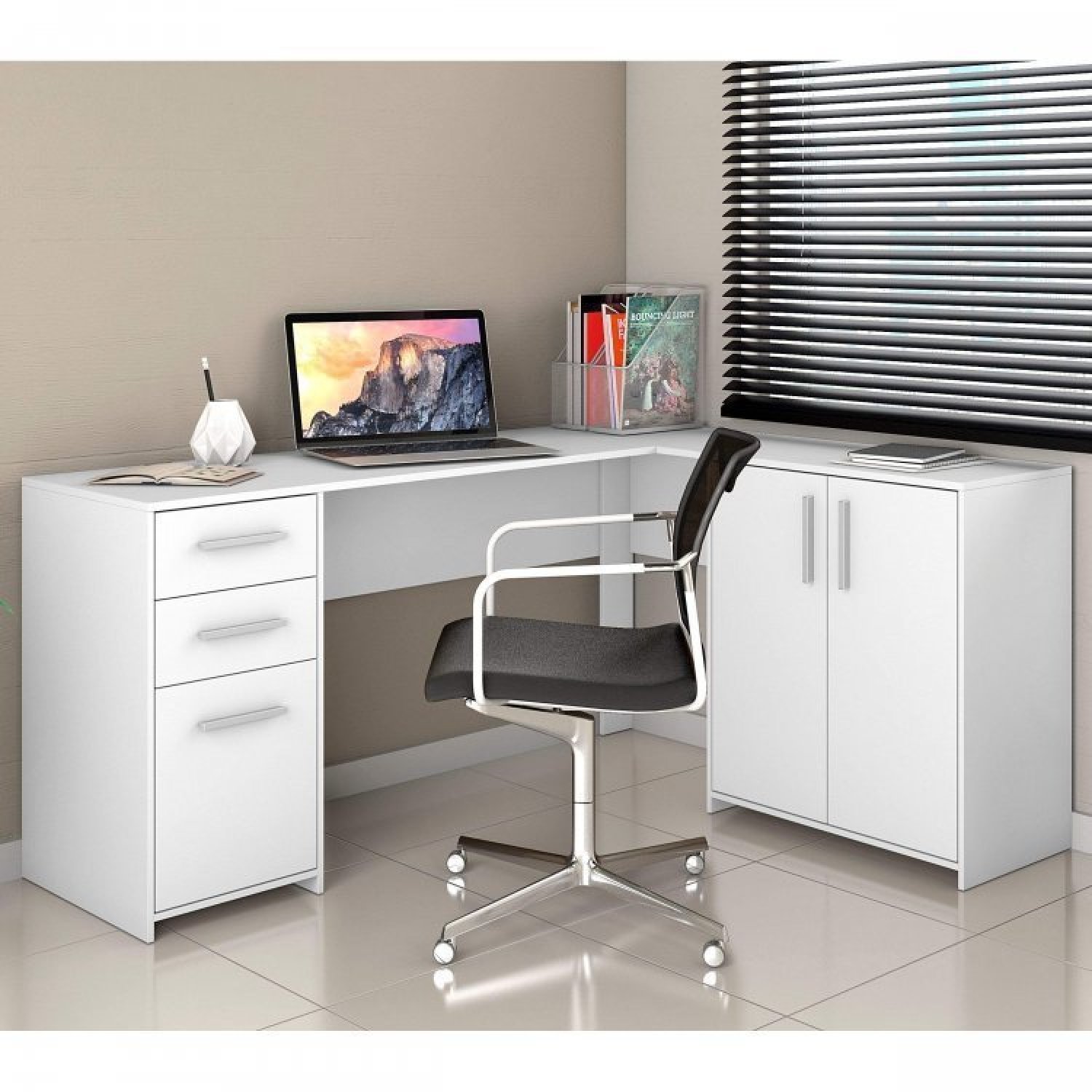 Conjunto Home Office 4 Peças 1 Mesa em L 1 Escrivaninha 2 Armários Espresso Móveis - 9