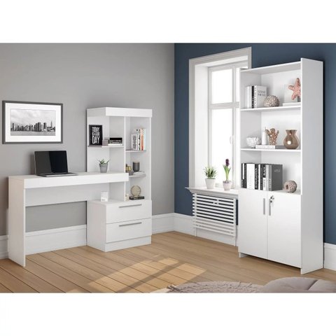 Conjunto 2 Peças 1 Escrivaninha com Estante 1 Armário 2 Portas Espresso Móveis Branco