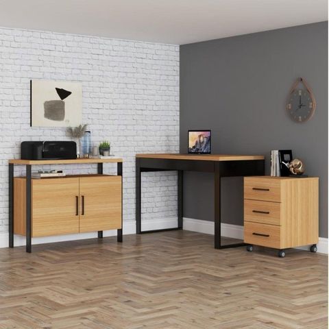 Conjunto 3 Peças 100% MDF com Escrivaninha, Gaveteiro e Balcão Estilo Industrial Marrom