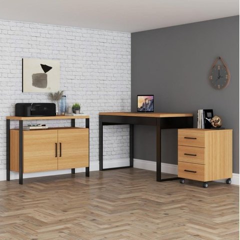 Conjunto 3 Peças 100% MDF com Escrivaninha, Gaveteiro e Balcão Estilo Industrial