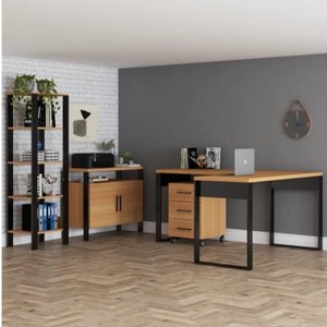 Kit 4 Peças  Escritório 100% MDF com Escrivaninha em L, Gaveteiro, Armário e Estante
