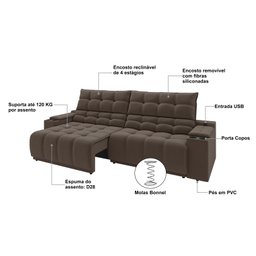 Sofá Connect Premium 2,00m Assento Retrátil/reclinável com Porta Copos e Entrada Usb Suede Marrom - 3