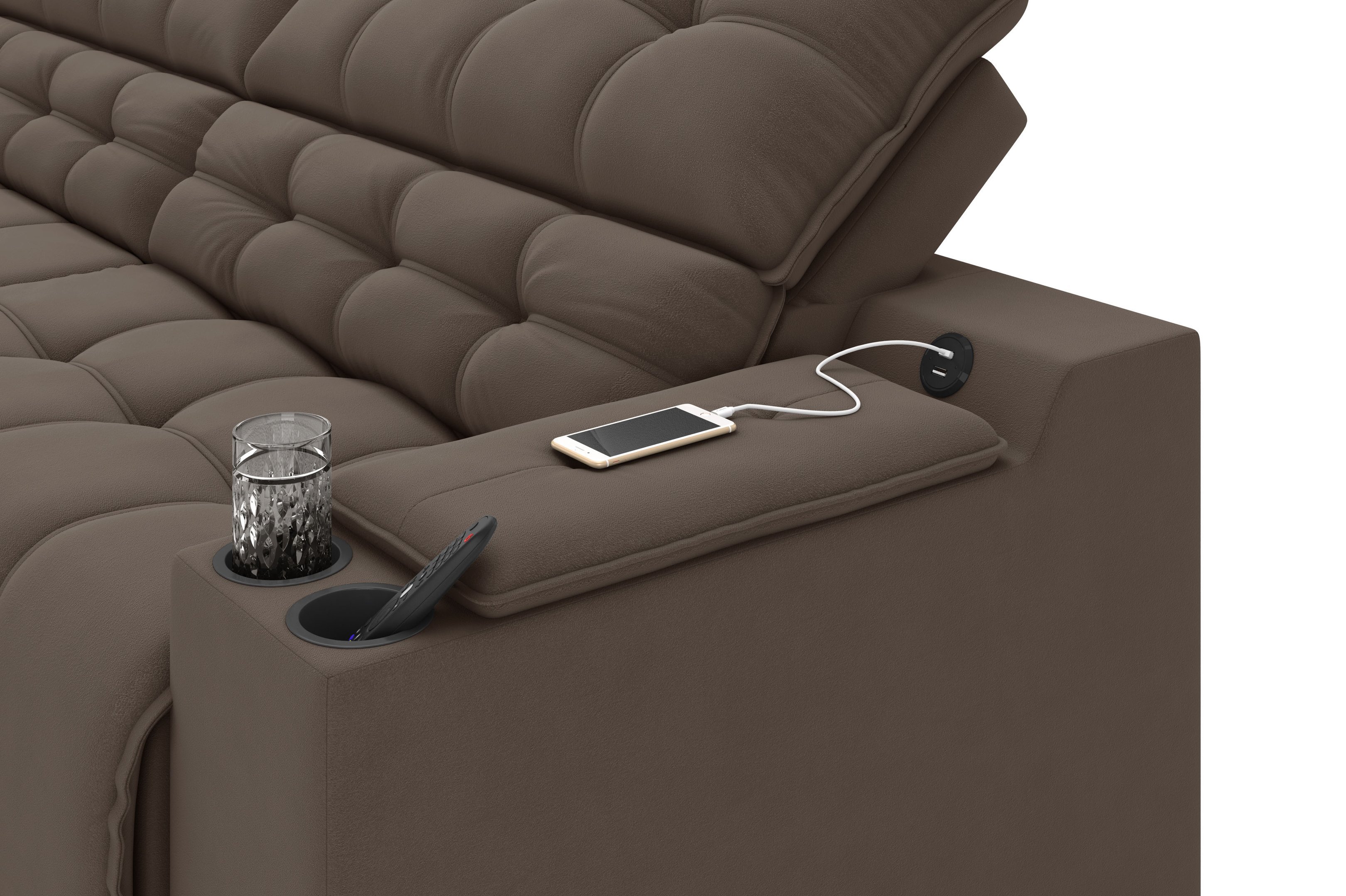Sofá Connect Premium 2,00m Assento Retrátil/reclinável com Porta Copos e Entrada Usb Suede Marrom - 5